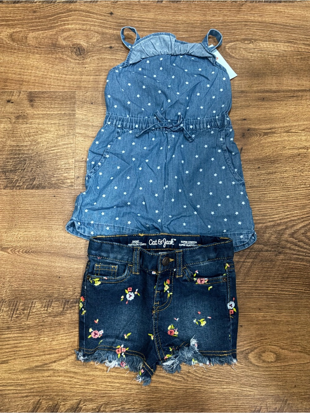 Cat & Jack Girls Chambray Star Romper + Floral Denim Shorts Set - Blue